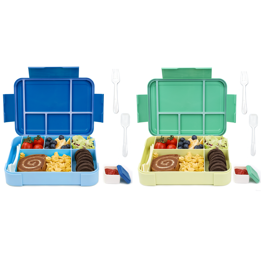 Bugucat Lunchbox 1330 ml, auslaufsichere Bento-Box mit 5 Fächern und Besteck, Lunchbehälter für Kinder und Erwachsene, Lebensmittelaufbewahrungsbehälter mit auslaufsicherem Silikonring, geeignet für Mikrowelle und Spülmaschine