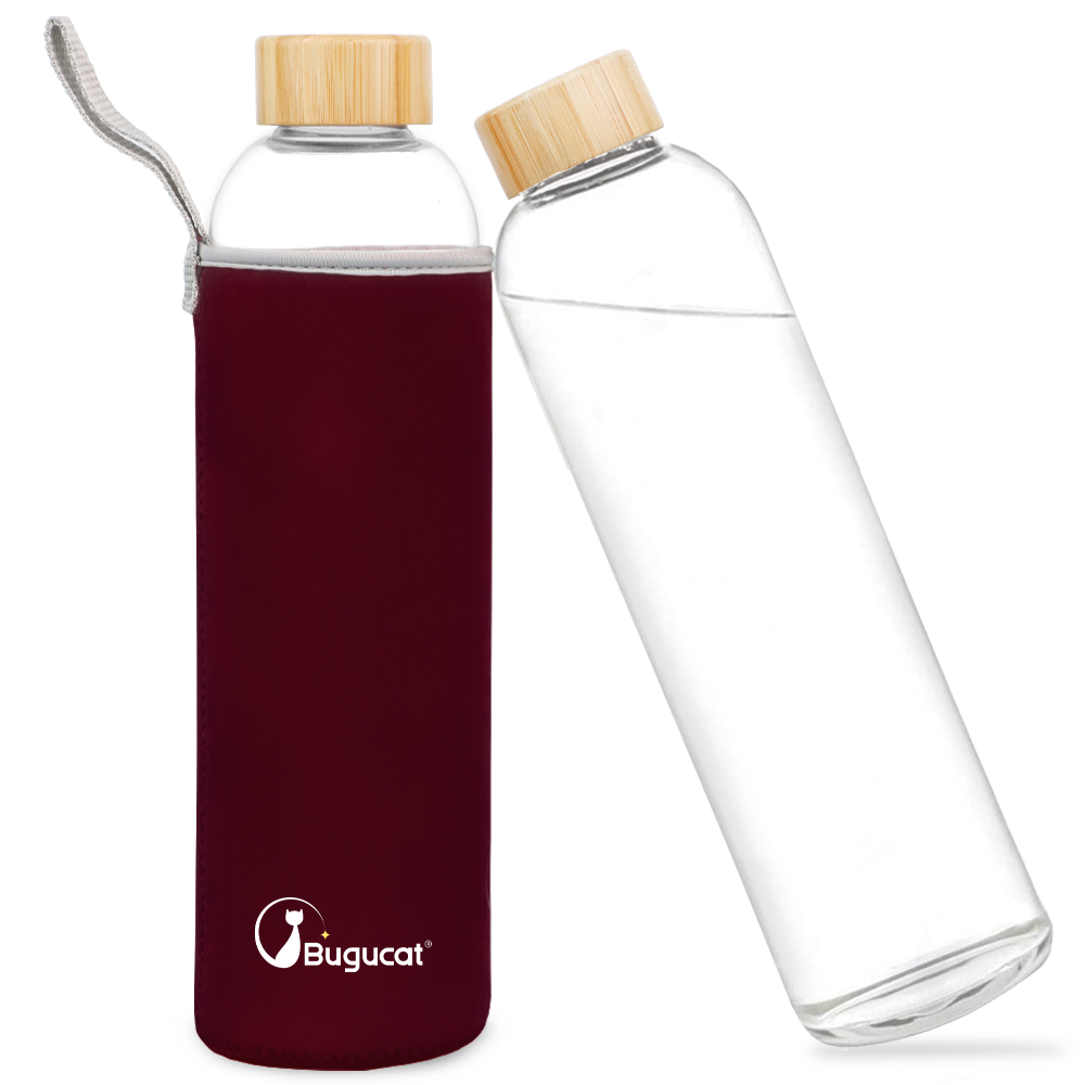 Bugucat Borosilicate Glass Water Bottles 1000ML, Reusable Bamboo Lid Drinking Bottle with Protective Sleeves,Juice Beverage Container BPA-Free Leak Proof for School Sport Yoga Gym Hot Cold Drinks