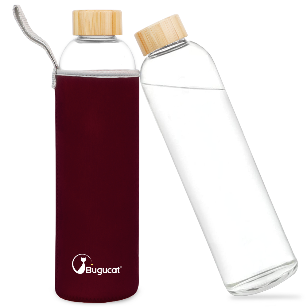 Botella de vidrio Bugucat 1000 ML, botella de vidrio para beber con tapa de bambú y funda protectora, botella de agua a prueba de fugas de vidrio de borosilicato, jarra para batidos, jugos, agua y bebidas, sin BPA