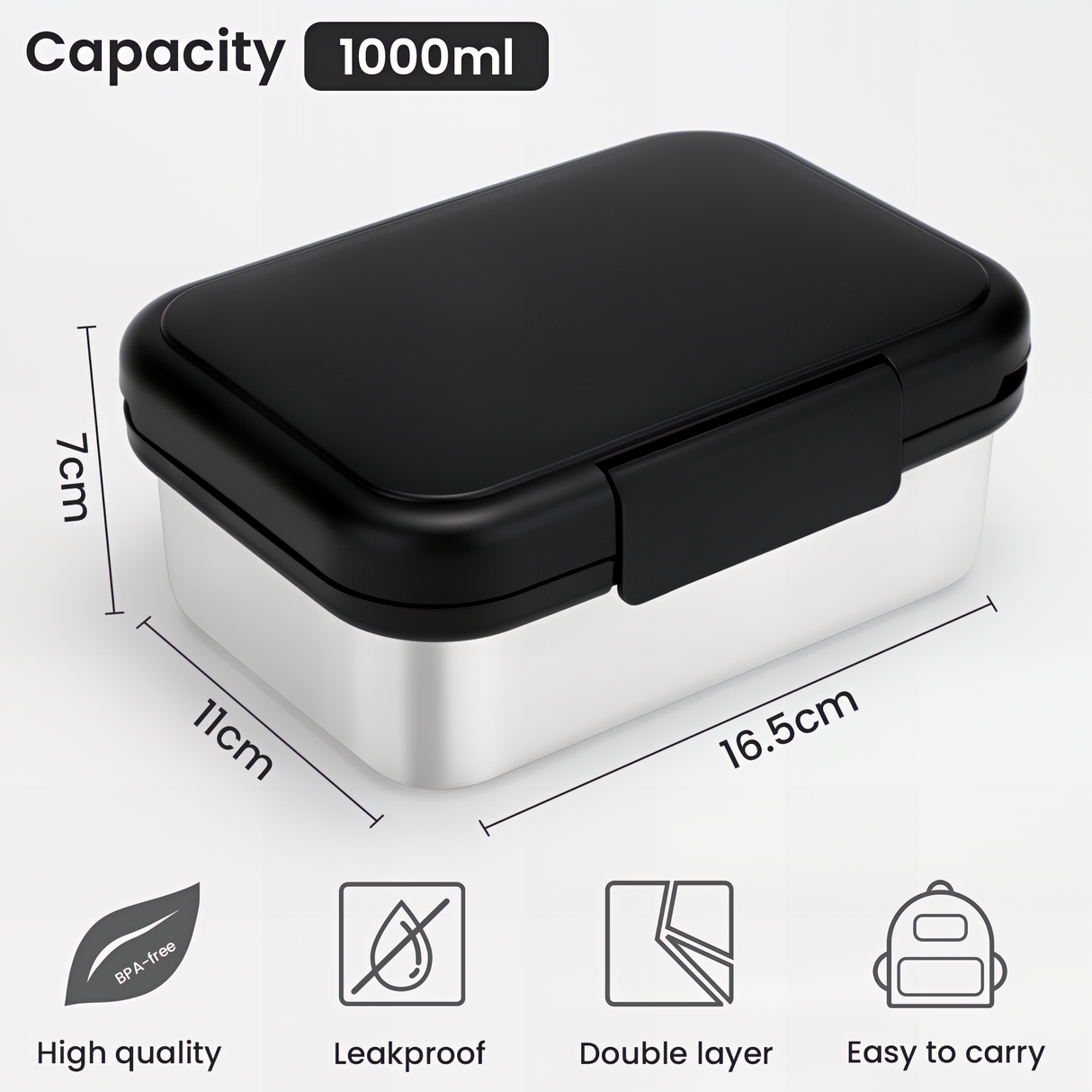 Bugucat Bento Lunch Box Stainless Steel Lunchbox 1000 ml, Leak-Proof Bento Box with Divider