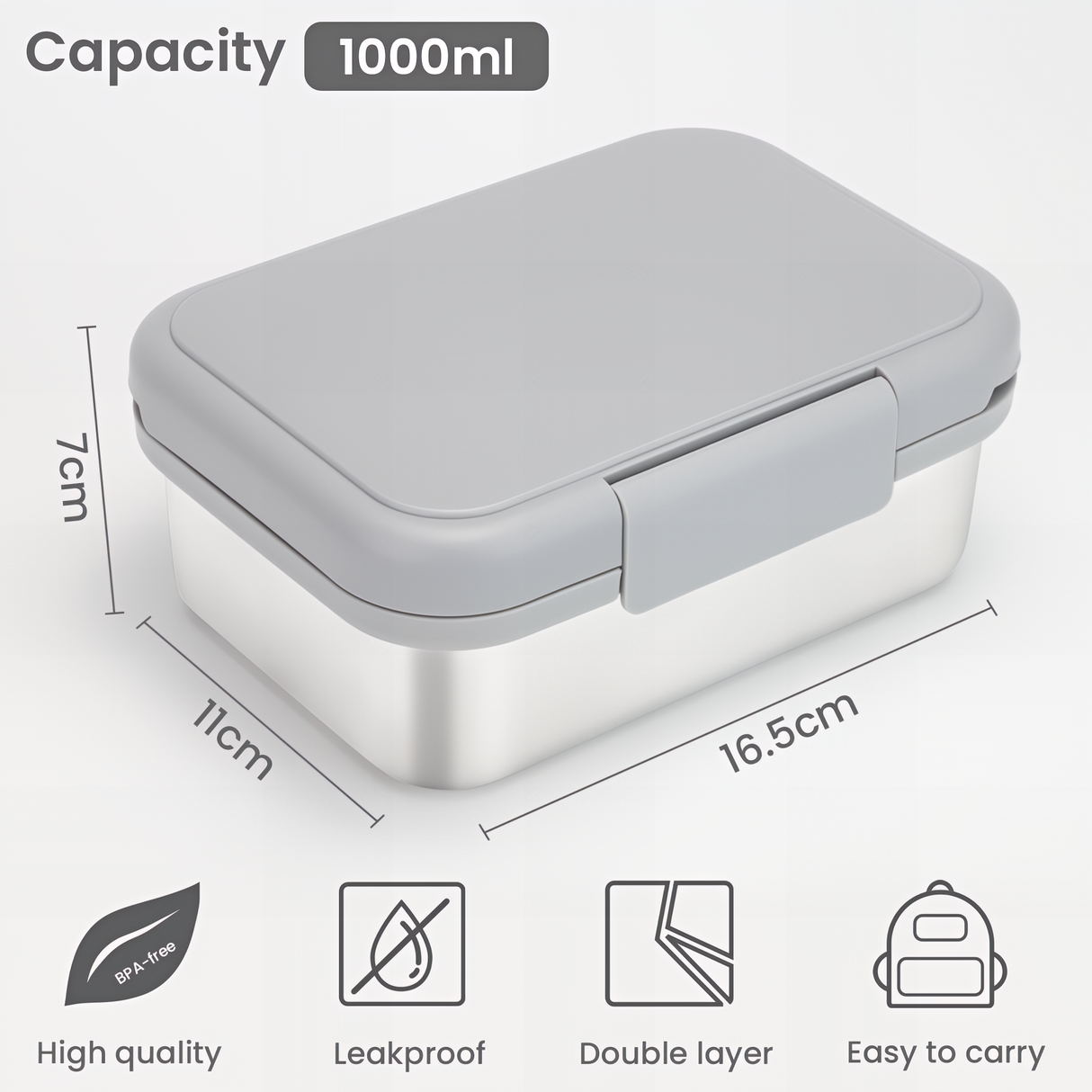 Bugucat Bento Lunch Box Stainless Steel Lunchbox 1000 ml, Leak-Proof Bento Box with Divider