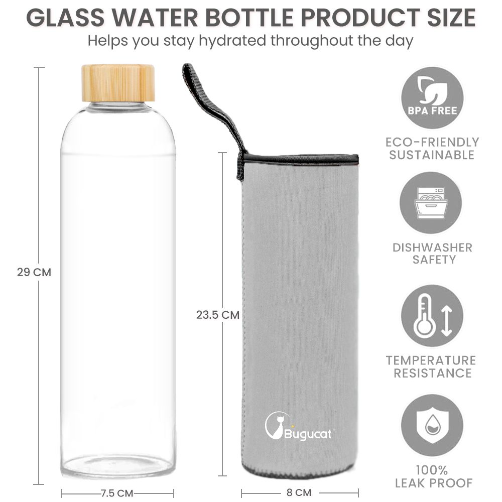 Bugucat Borosilicate Glass Water Bottles 1000ML, Reusable Bamboo Lid Drinking Bottle with Protective Sleeves,Juice Beverage Container BPA-Free Leak Proof for School Sport Yoga Gym Hot Cold Drinks