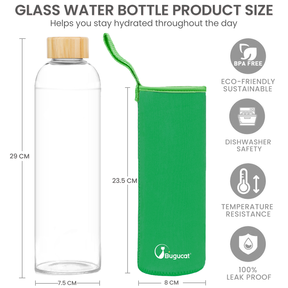 Bugucat Wasserflaschen aus Borosilikatglas, 1000 ml, wiederverwendbare Trinkflasche mit Bambusdeckel und Schutzhüllen, Saftgetränkebehälter, BPA-frei, auslaufsicher, für Schule, Sport, Yoga, Fitnessstudio, heiße kalte Getränke