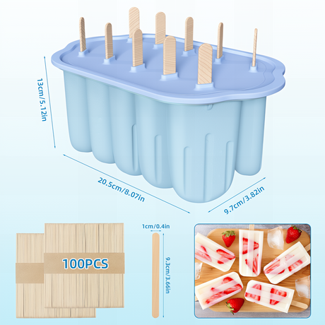 Silicone Ice Moulds, 10 Ice Lolly Moulds, Reusable Popsicle Moulds, BPA-Fre