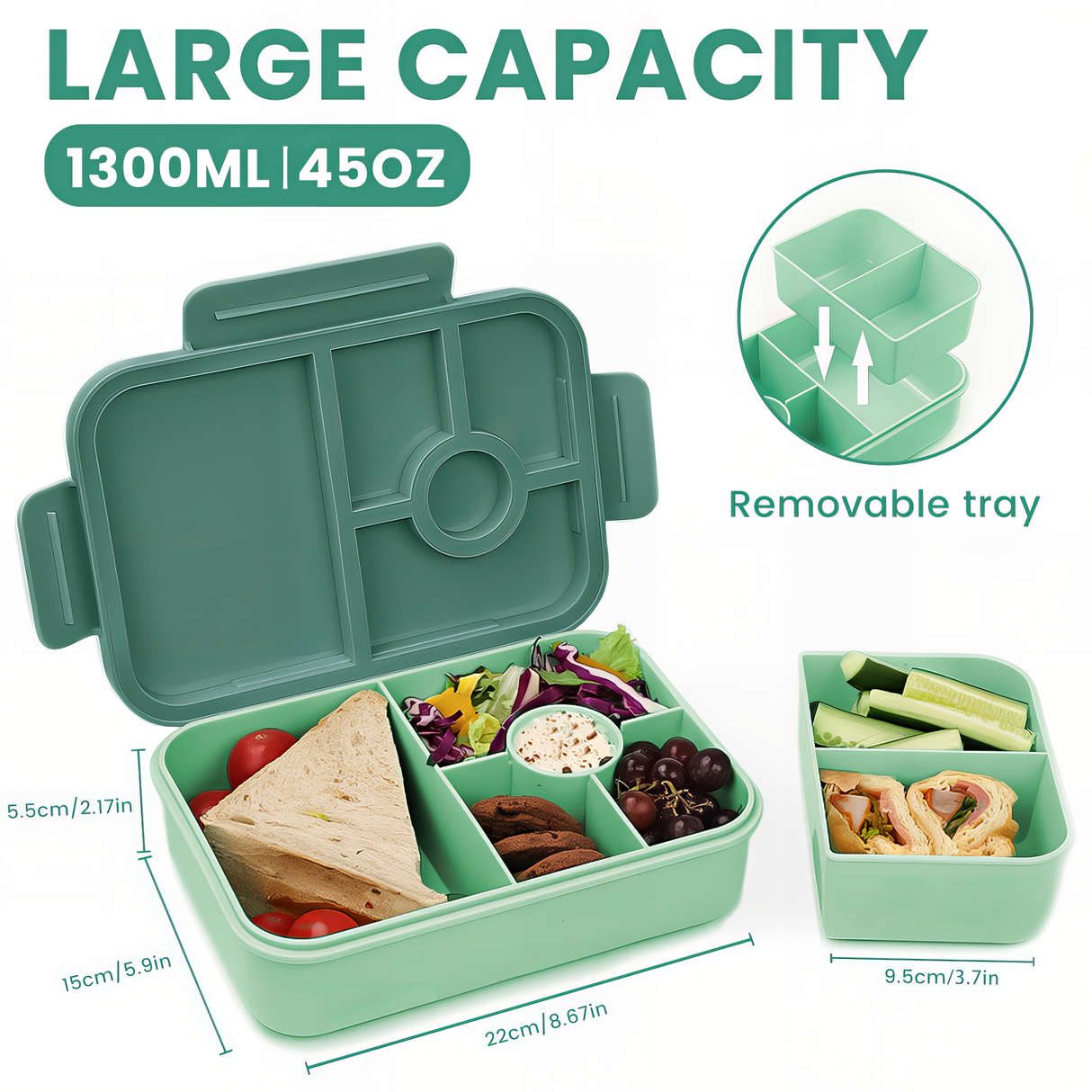 Bugucat Bento Lunch Box 1300ML - Leak-Proof With 4 Compartments, Cutlery for Kids and Adults