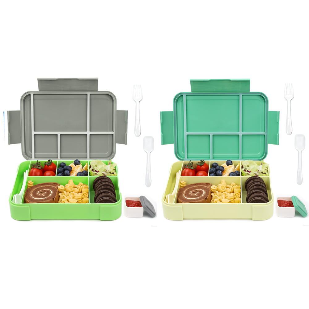 Fiambrera Bugucat 1330ML 2 set, bento box, fiambrera estanca hermética con 5 compartimentos, juego de cubiertos, fiambrera, fiambrera para lavavajillas, fiambrera para adultos y niños