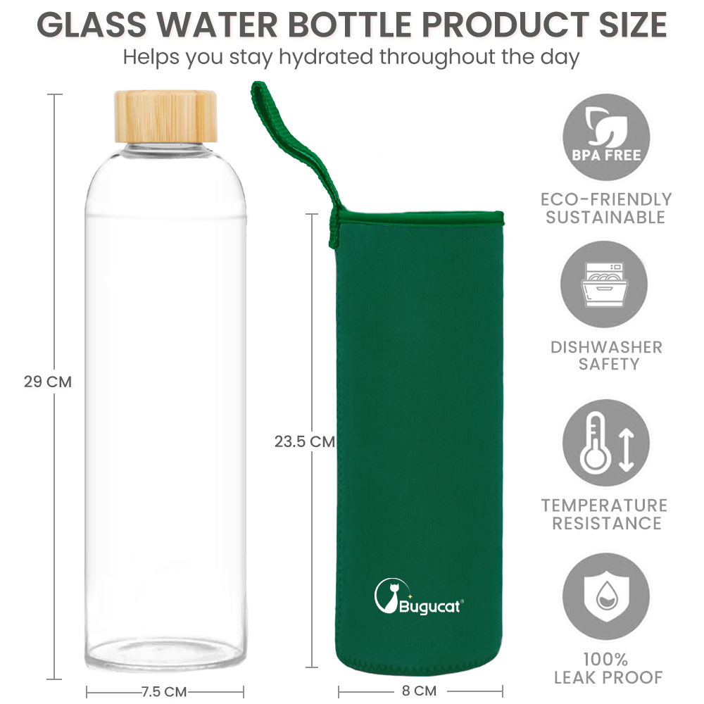 Bugucat Borosilicate Glass Water Bottles 1000ML, Reusable Bamboo Lid Drinking Bottle with Protective Sleeves,Juice Beverage Container BPA-Free Leak Proof for School Sport Yoga Gym Hot Cold Drinks