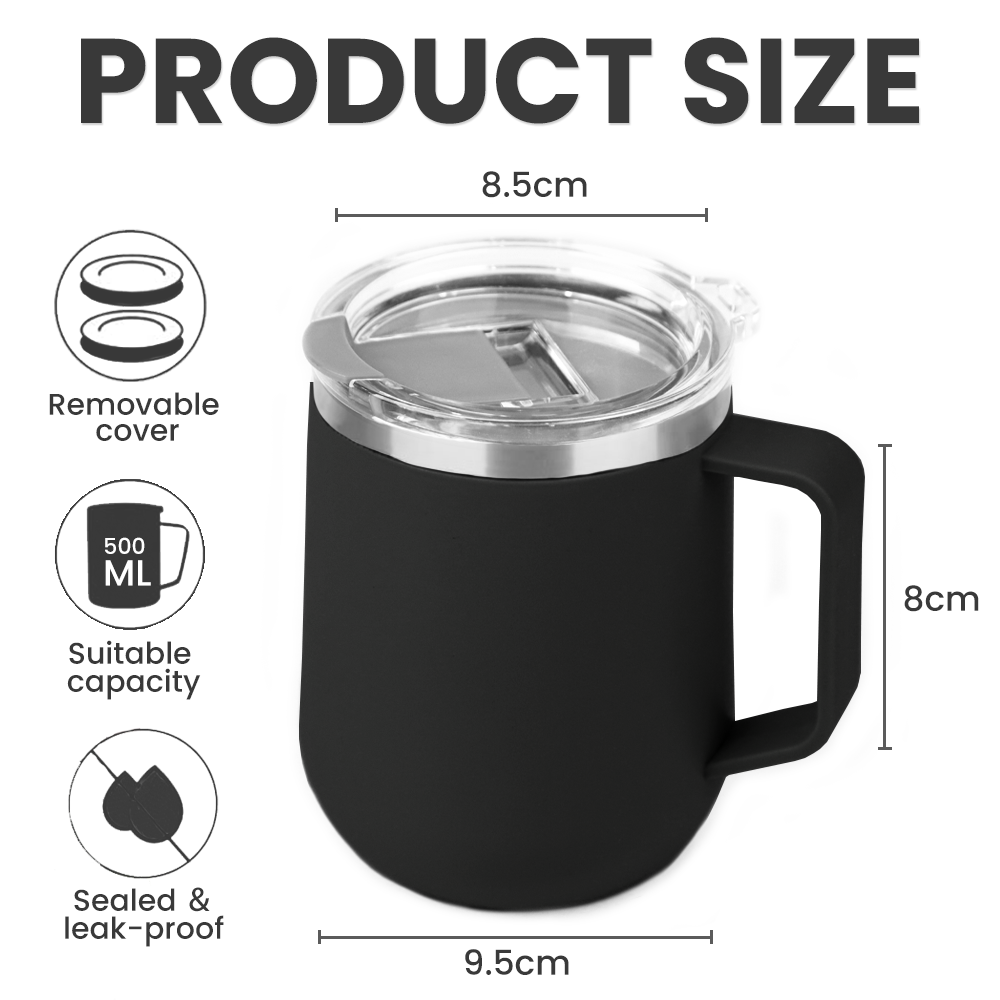 Coffee Mug To Go 500 ml, Thermal Mug, Stainless Steel Insulated Cup, Coffee Mug Thermal with Leak-Proof Cover and Handle