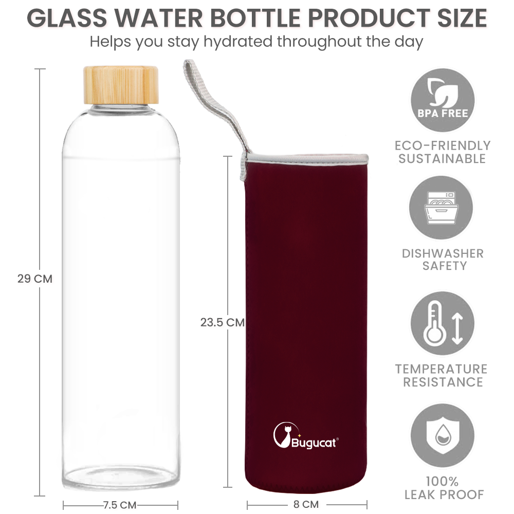 Bugucat Wasserflaschen aus Borosilikatglas, 1000 ml, wiederverwendbare Trinkflasche mit Bambusdeckel und Schutzhüllen, Saftgetränkebehälter, BPA-frei, auslaufsicher, für Schule, Sport, Yoga, Fitnessstudio, heiße kalte Getränke