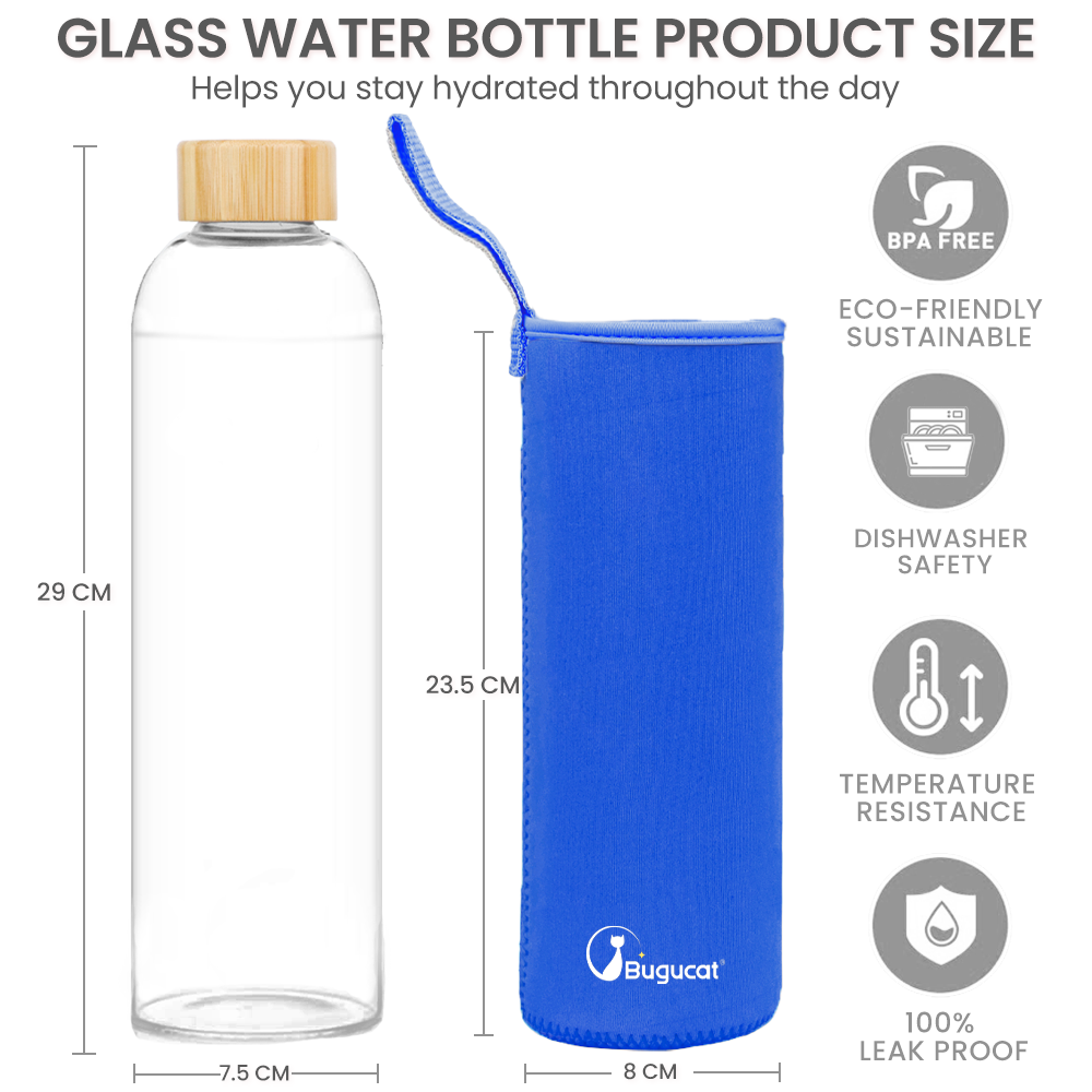 Bugucat Wasserflaschen aus Borosilikatglas, 1000 ml, wiederverwendbare Trinkflasche mit Bambusdeckel und Schutzhüllen, Saftgetränkebehälter, BPA-frei, auslaufsicher, für Schule, Sport, Yoga, Fitnessstudio, heiße kalte Getränke