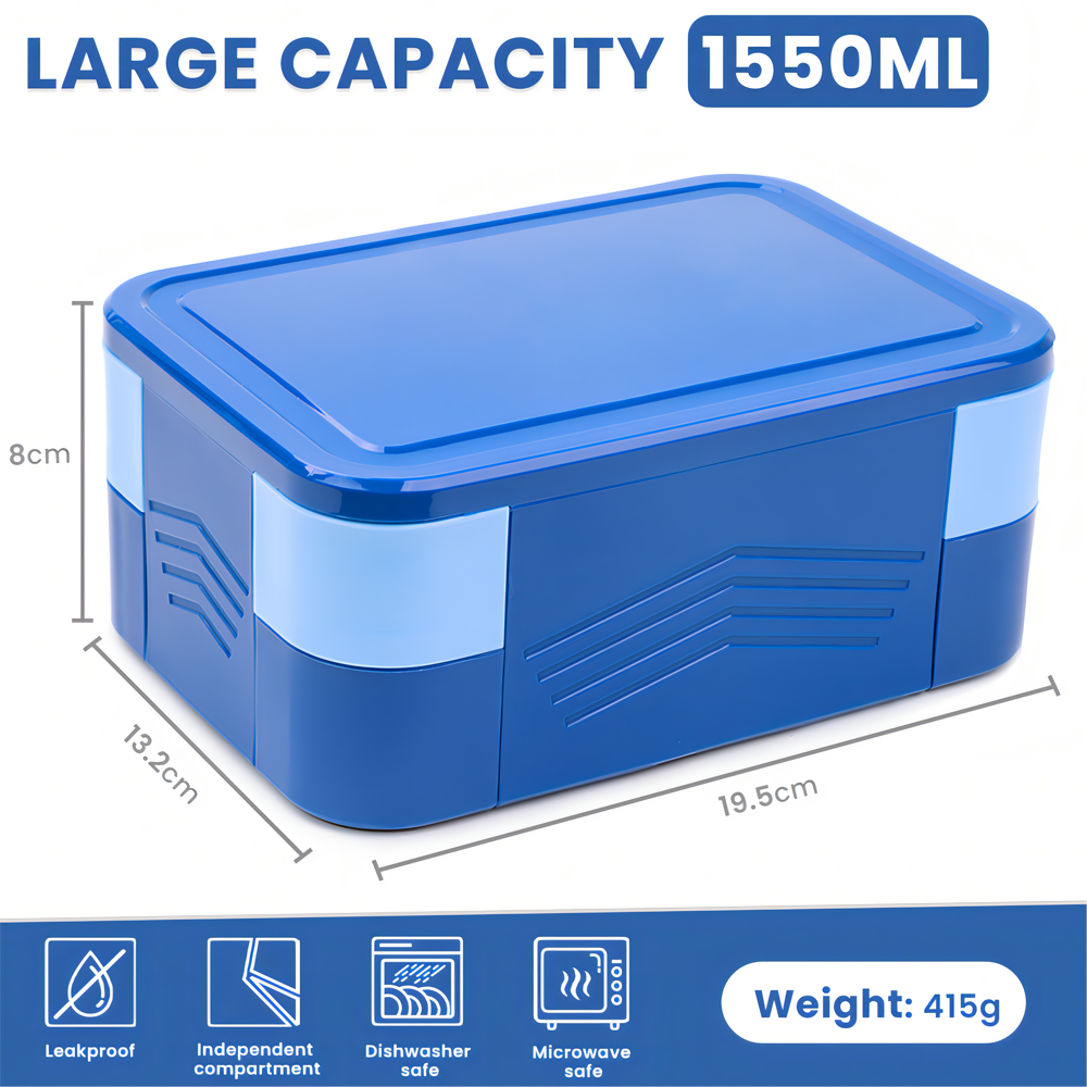 Bugucat Lunchbox 1550 ml, doppelt stapelbarer Bento-Box-Behälter, Essenszubereitungsbehälter mit Besteck, Lebensmittelbehälter mit 2 Ebenen und 6 Fächern für Mittagssnacks, Lunchbox für Erwachsene und Kinder, BPA-frei