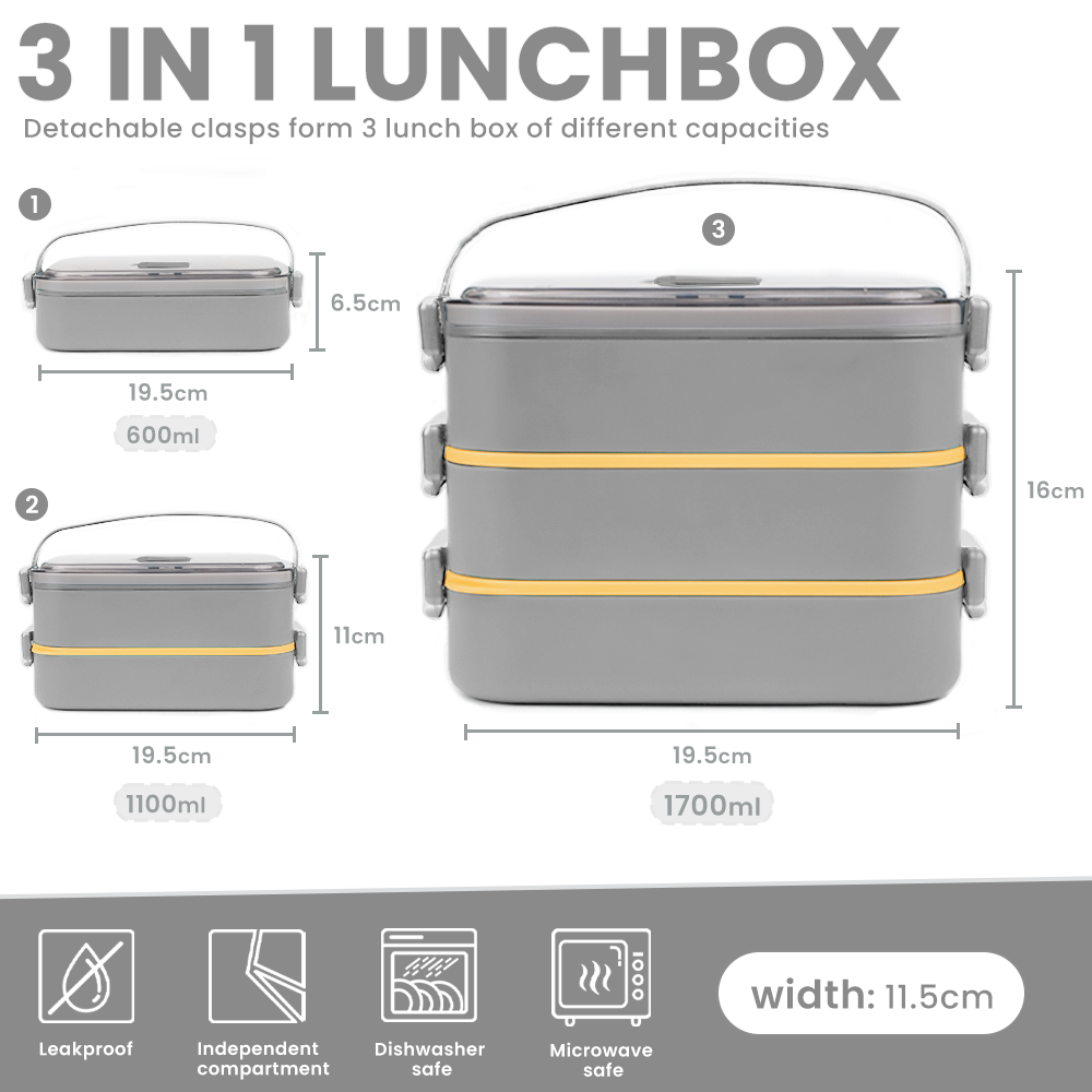 Bugucat Edelstahl-Lunchbox 1700 ml, 3-in-1 auslaufsichere Bento-Box-Lunchbehälter mit 3 Fächern für Besteck, Lunchbehälter für Kinder und Erwachsene, mikrowellen- und spülmaschinenfester Lebensmittelaufbewahrungsbehälter