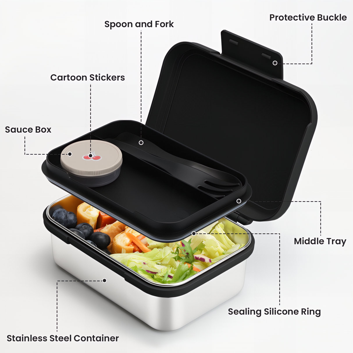 Bugucat Bento Lunch Box Stainless Steel Lunchbox 1000 ml, Leak-Proof Bento Box with Divider