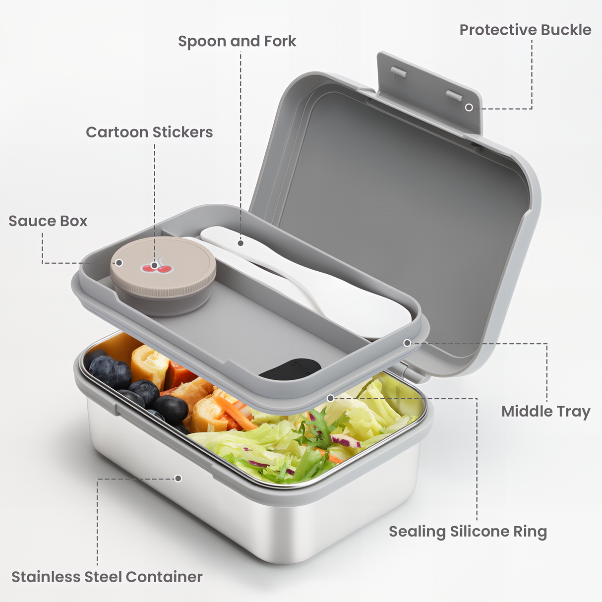 Bugucat Bento Lunch Box Stainless Steel Lunchbox 1000 ml, Leak-Proof Bento Box with Divider