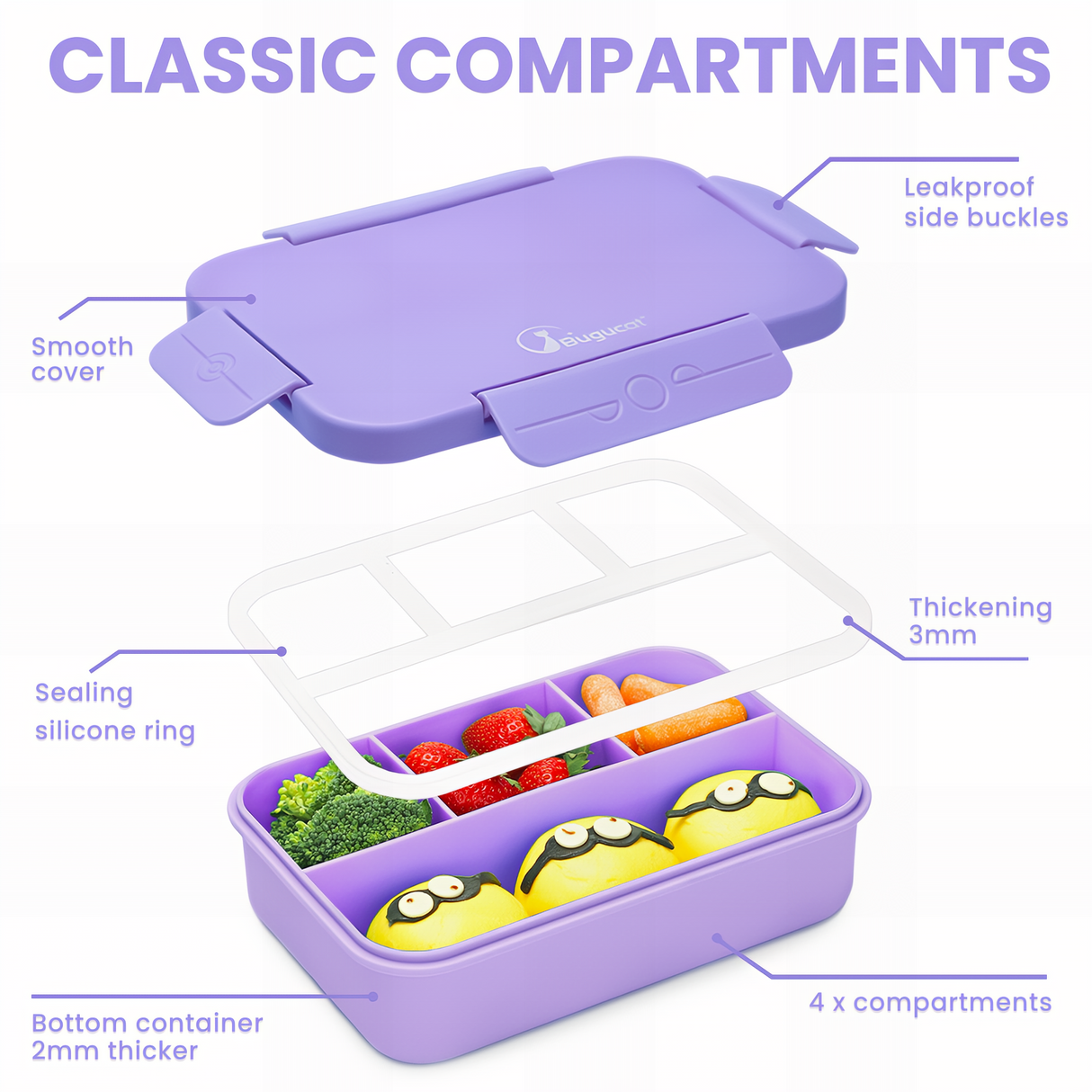 Bugucat Bento Lunch Box 1300ML - Leak-Proof with 4 Compartments, Cutlery for Kids and Adults