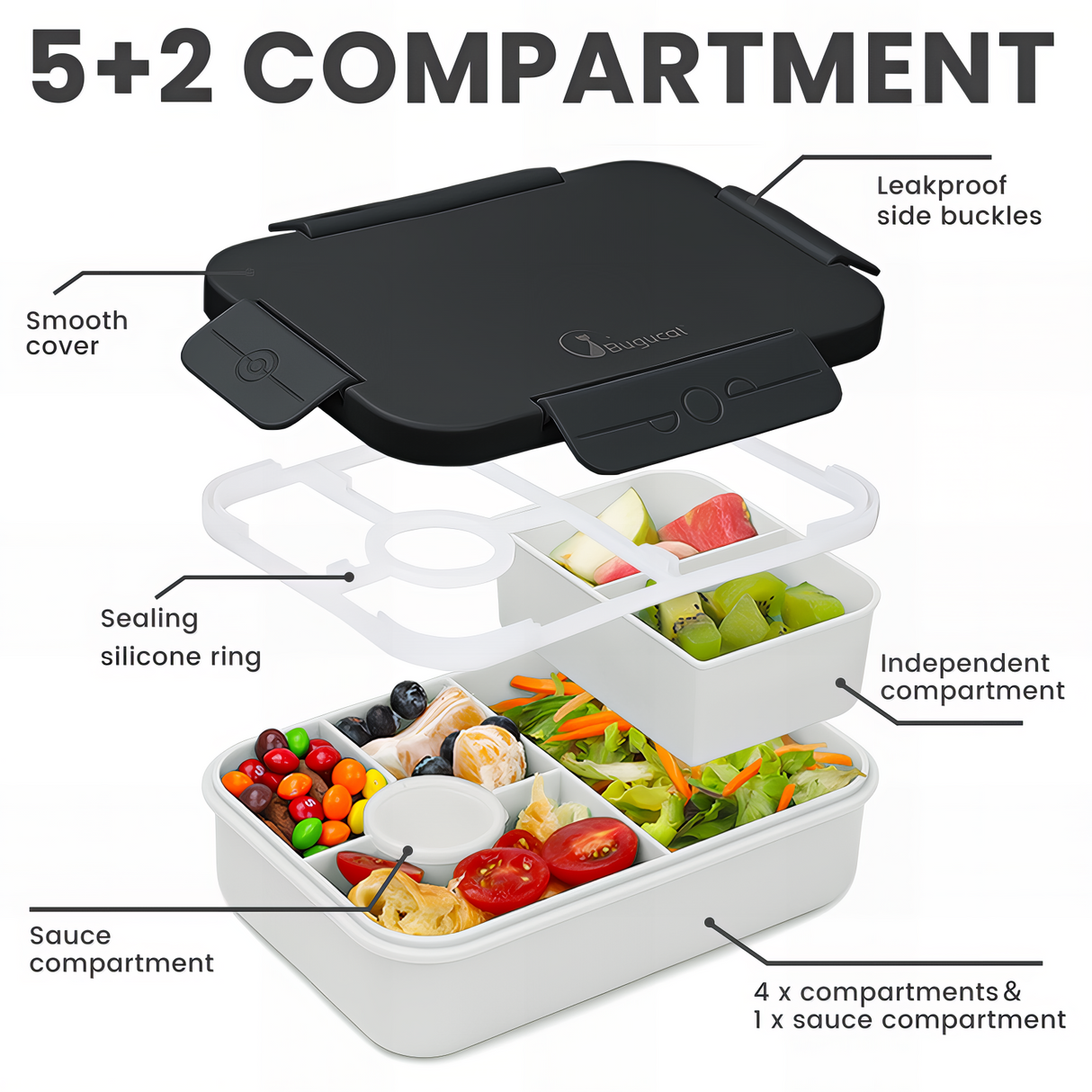 Bugucat Bento Lunch Box 1300ML - Leak-Proof With 4 Compartments, Cutlery for Kids and Adults