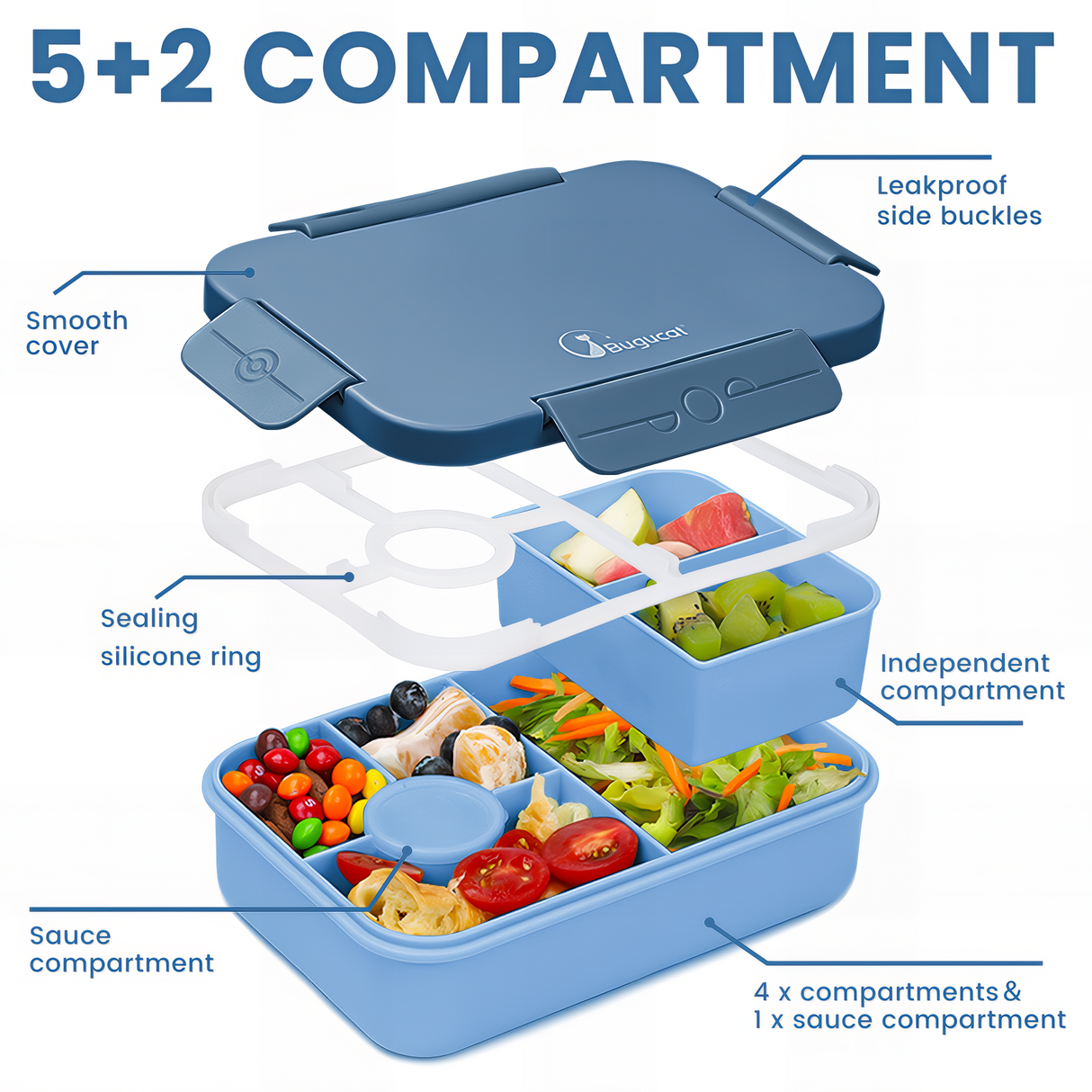 Bugucat Bento Lunch Box 1300ML - Leak-Proof With 4 Compartments, Cutlery for Kids and Adults