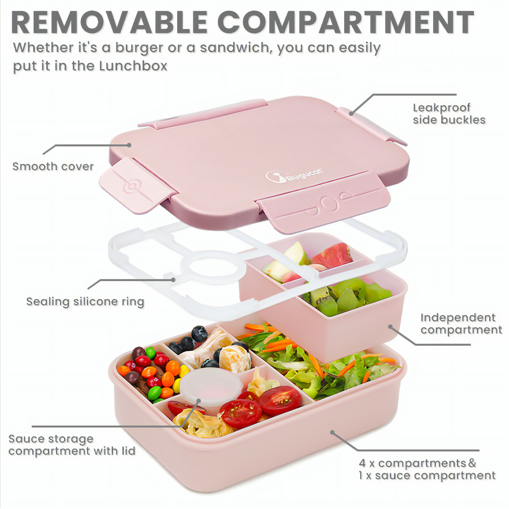 Bugucat Lunch Box 1600ML, 2 in 1 Bento Box Leak-Proof Lunch Containers