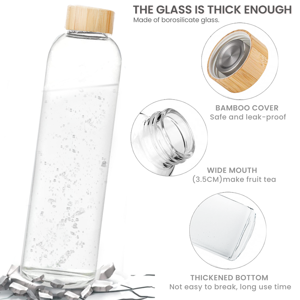 Bouteille en verre Bugucat 1000 ML, gourde en verre avec couvercle en bambou et housse de protection, bouteille d'eau étanche en verre borosilicaté, carafe pour smoothies, jus, eau et boissons, sans BPA