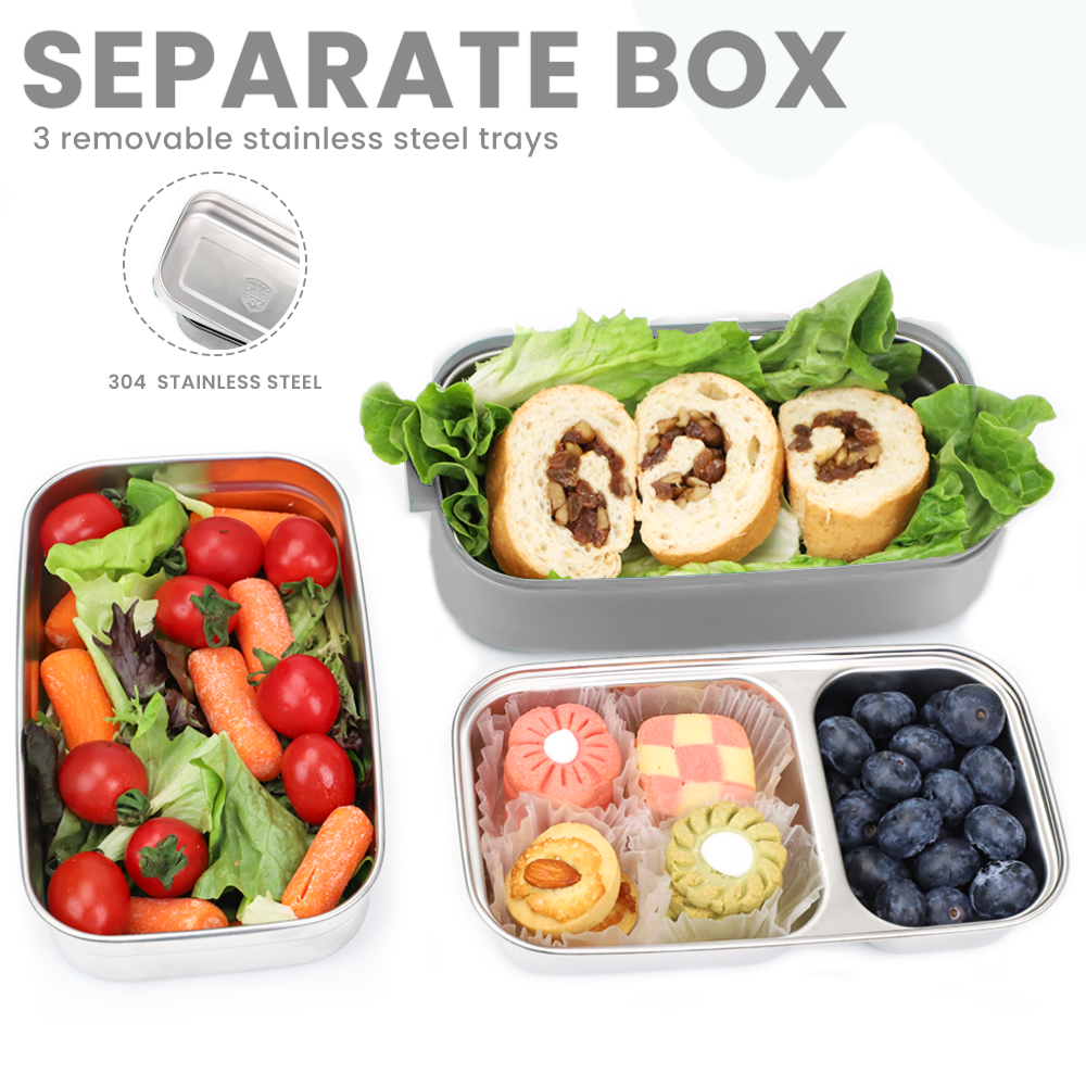Bugucat Edelstahl-Lunchbox 1700 ml, 3-in-1 auslaufsichere Bento-Box-Lunchbehälter mit 3 Fächern für Besteck, Lunchbehälter für Kinder und Erwachsene, mikrowellen- und spülmaschinenfester Lebensmittelaufbewahrungsbehälter