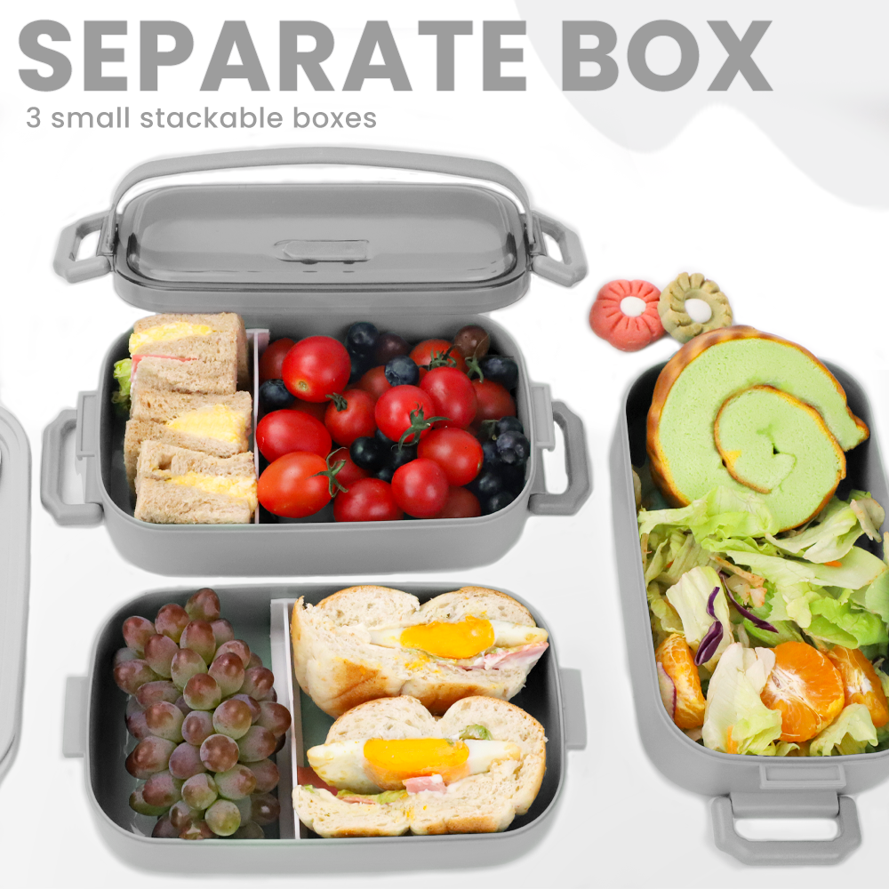 Bugucat Lunch Box 2400ML, 3 in 1 Bento Box Leak-Proof Lunch Containers with Compartments Cutlery, Lunch Containers for Adult Kids, Dishwasher and Microwave Safe Food Storage Container