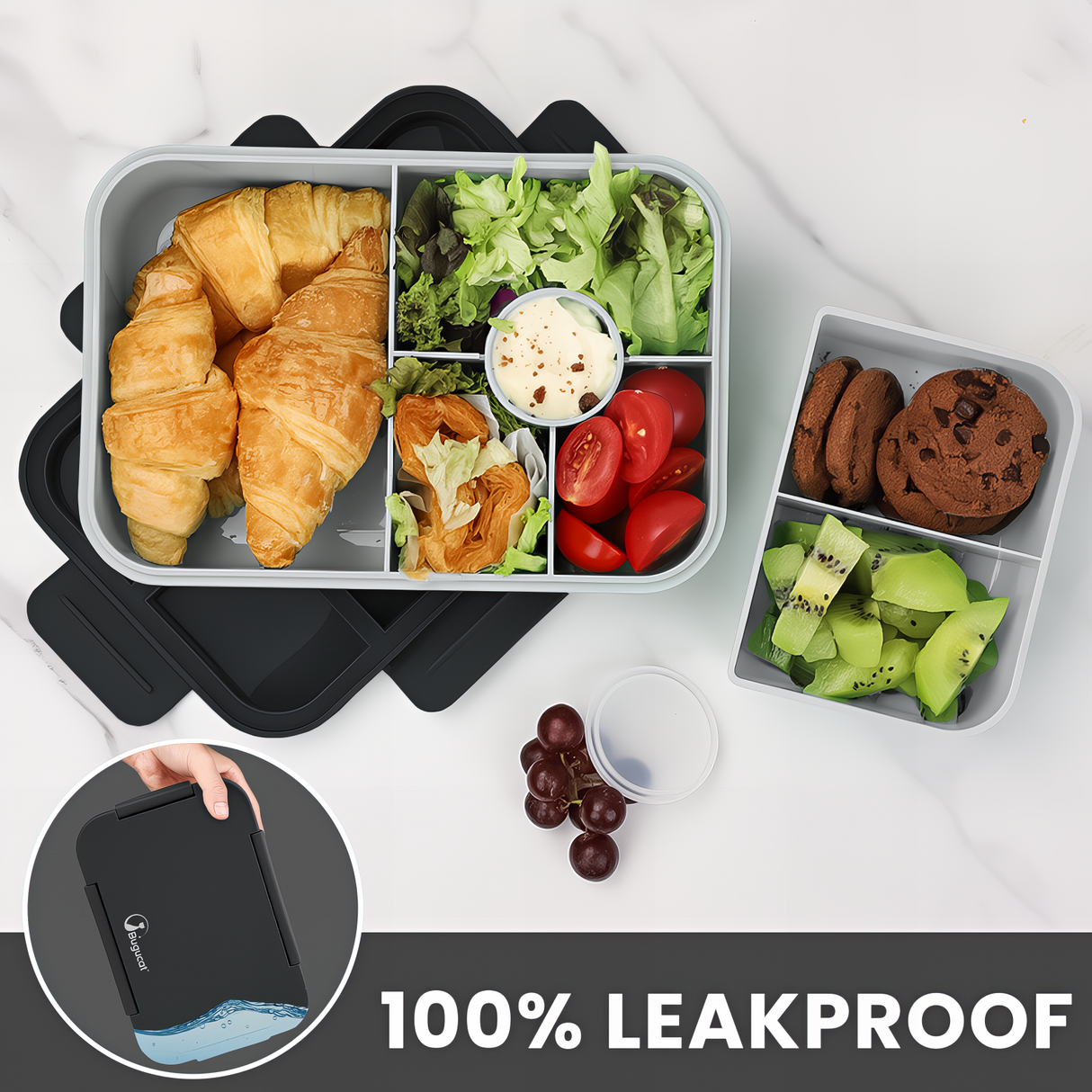 Bugucat Bento Lunch Box 1300ML - Leak-Proof With 4 Compartments, Cutlery for Kids and Adults