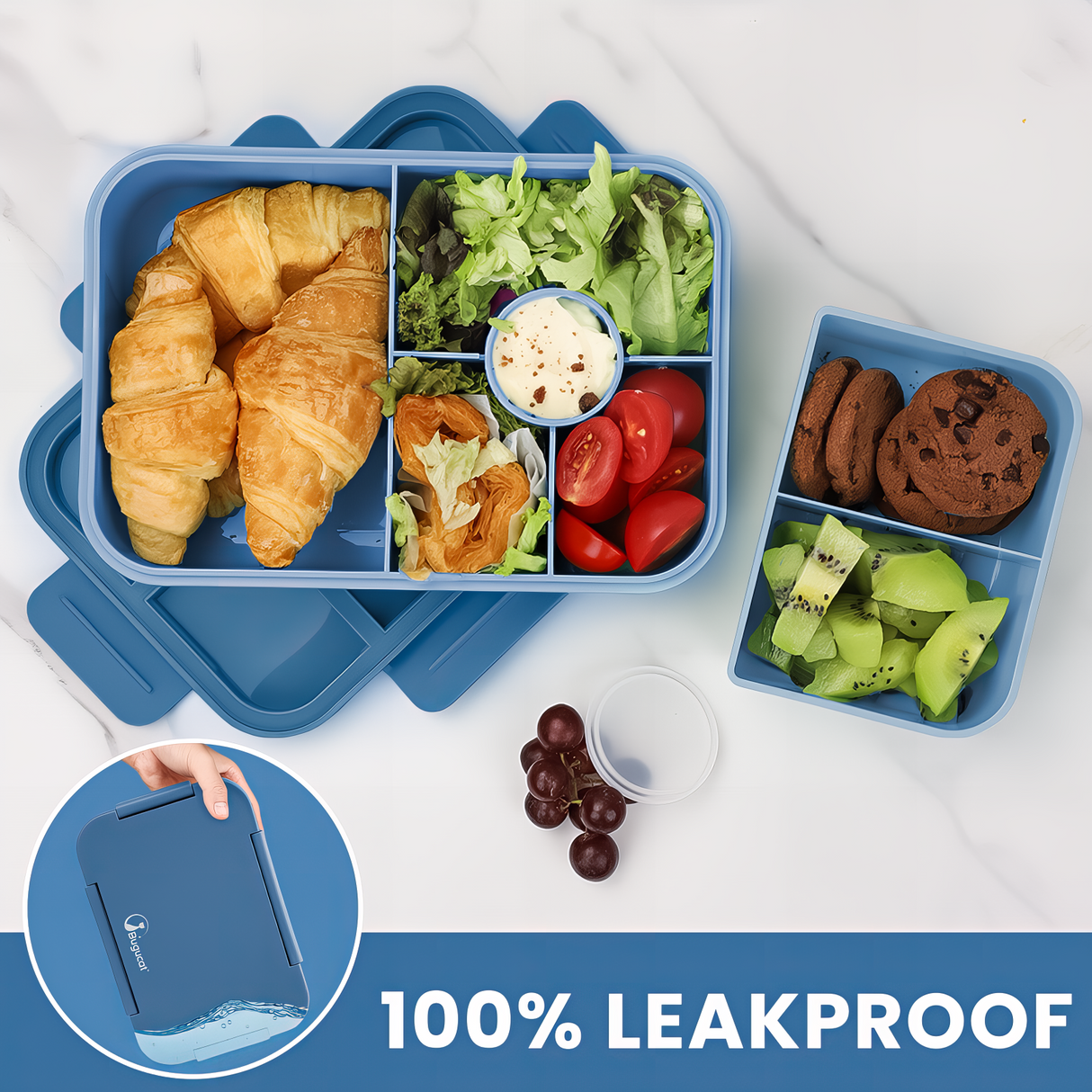 Bugucat Bento Lunch Box 1300ML - Leak-Proof With 4 Compartments, Cutlery for Kids and Adults