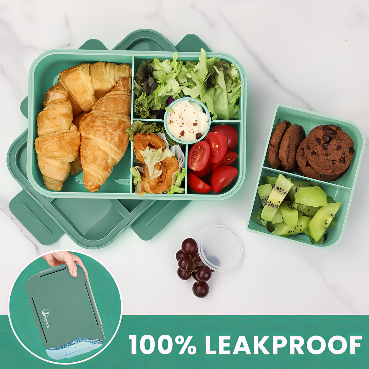 Bugucat Bento Lunch Box 1300ML - Leak-Proof With 4 Compartments, Cutlery for Kids and Adults