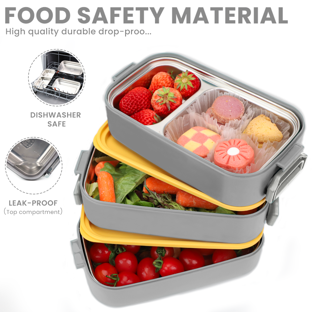 Bugucat Edelstahl-Lunchbox 1700 ml, 3-in-1 auslaufsichere Bento-Box-Lunchbehälter mit 3 Fächern für Besteck, Lunchbehälter für Kinder und Erwachsene, mikrowellen- und spülmaschinenfester Lebensmittelaufbewahrungsbehälter