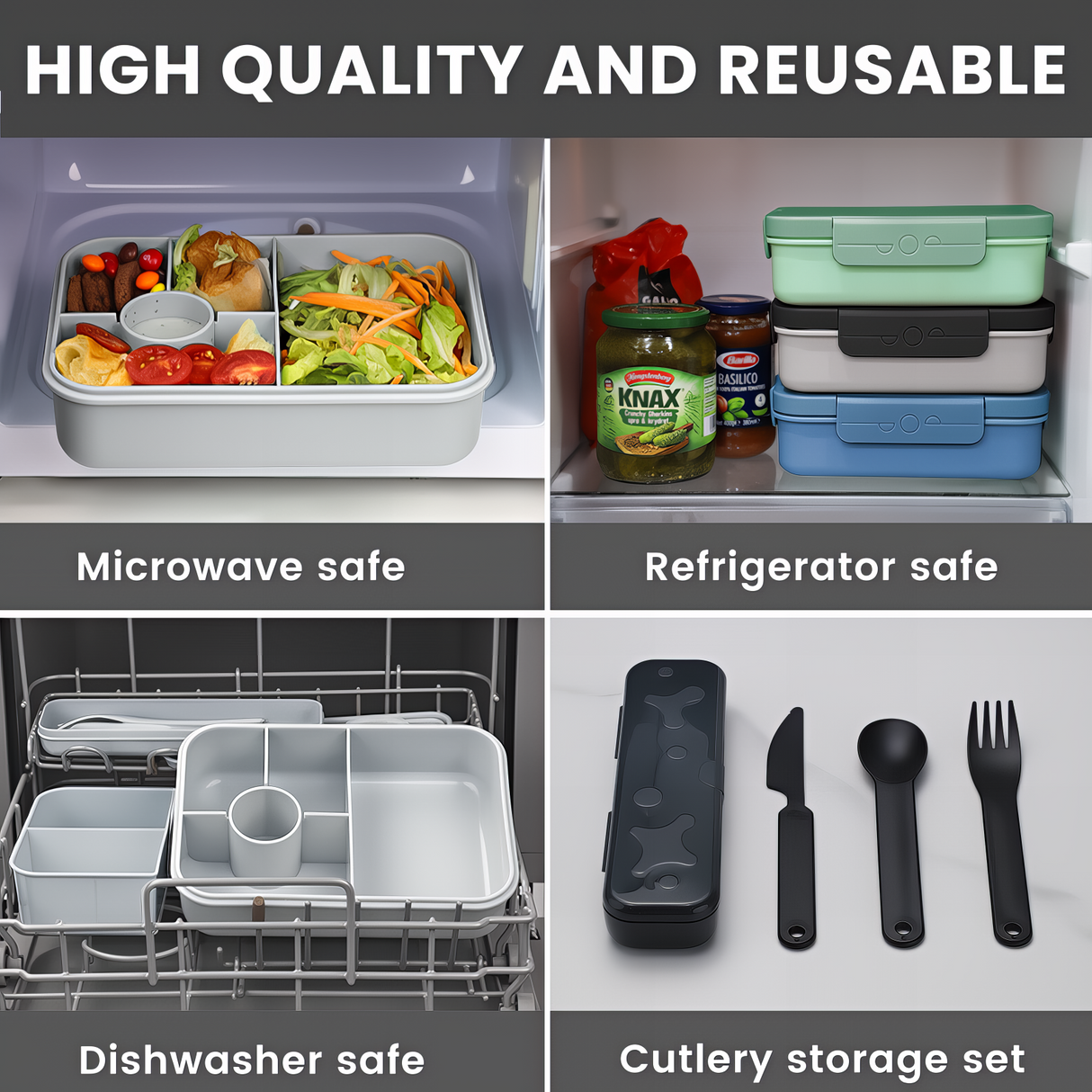 Bugucat Bento Lunch Box 1300ML - Leak-Proof With 4 Compartments, Cutlery for Kids and Adults