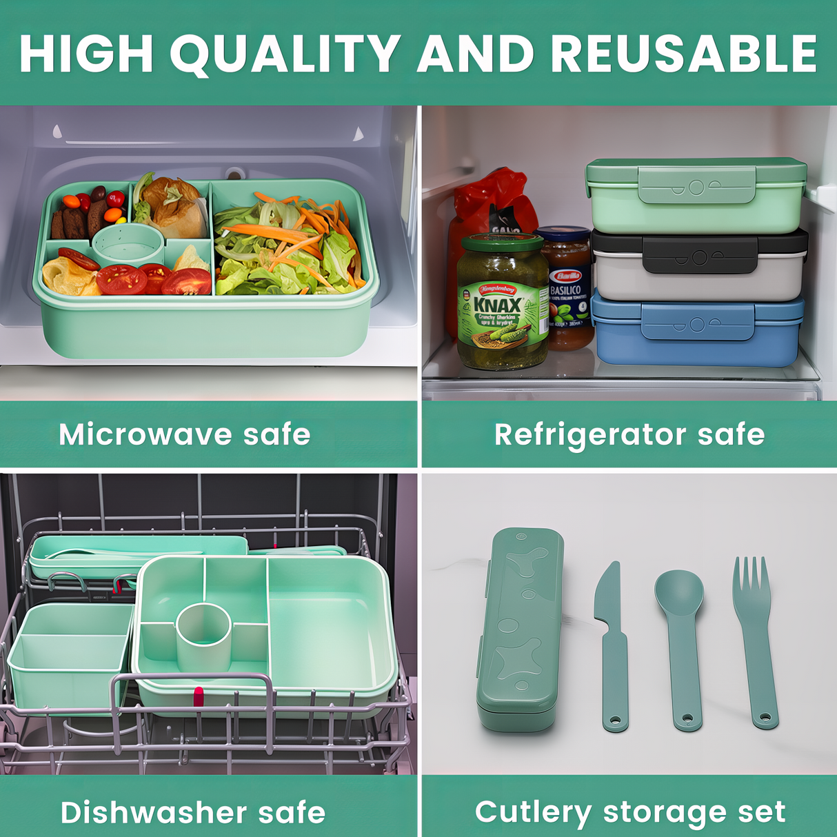 Bugucat Bento Lunch Box 1300ML - Leak-Proof With 4 Compartments, Cutlery for Kids and Adults