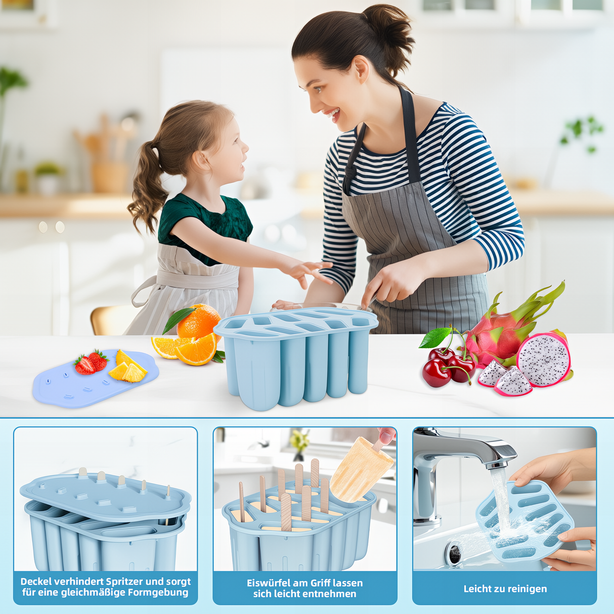 Silicone Ice Moulds, 10 Ice Lolly Moulds, Reusable Popsicle Moulds, BPA-Fre