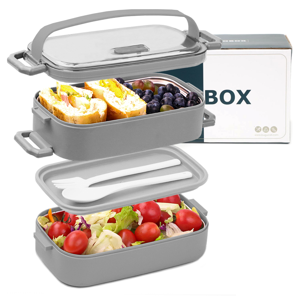 Bugucat Lunch Box 1100ML,2 in 1 Bento Box Leak-Proof Lunch Containers with Compartments Cutlery,Stainless Steel PP Lunch Containers for Adult Kids,Dishwasher and Microwave Safe Food Storage Container