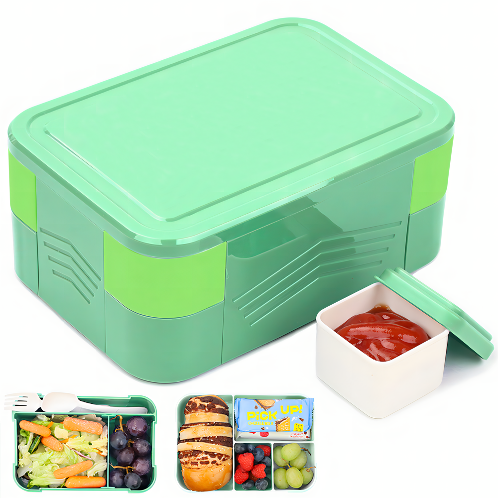 Bugucat Lunch Box 1550 ML, Double Stackable Bento Box Container Meal Prep Containe With Cutlery, 2 Tier and 6 Compartment Design Food Containers for Lunch Snacks,Lunch Box for Adults and kids BPA-Free