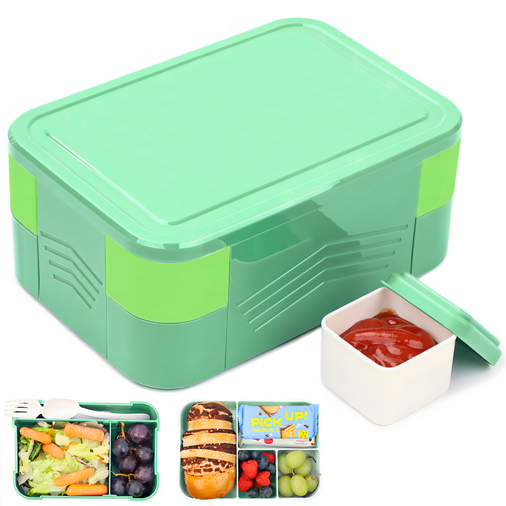 Bugucat Lunchbox 1550 ml, doppelt stapelbarer Bento-Box-Behälter, Essenszubereitungsbehälter mit Besteck, Lebensmittelbehälter mit 2 Ebenen und 6 Fächern für Mittagssnacks, Lunchbox für Erwachsene und Kinder, BPA-frei