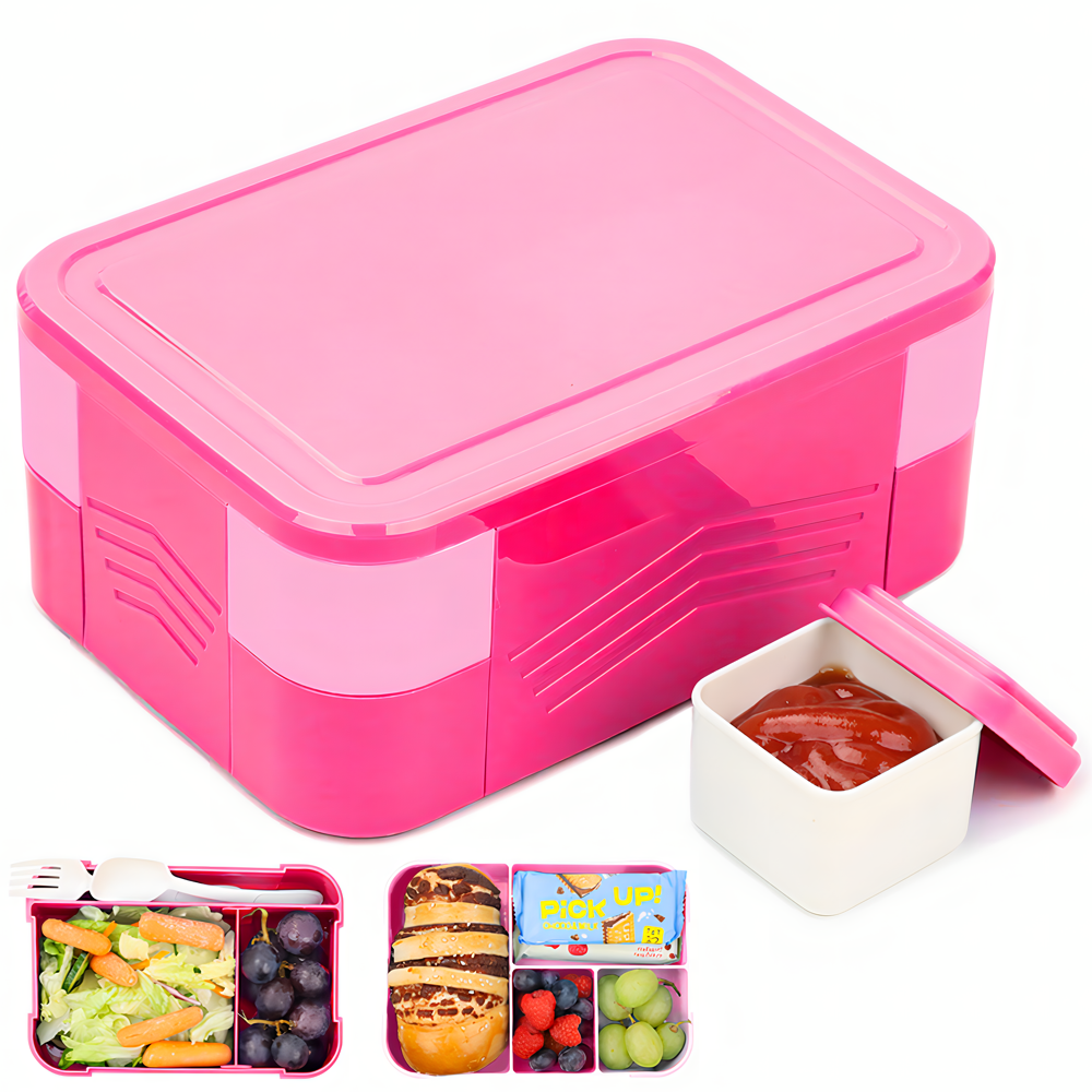 Bugucat Lunchbox 1550 ml, doppelt stapelbarer Bento-Box-Behälter, Essenszubereitungsbehälter mit Besteck, Lebensmittelbehälter mit 2 Ebenen und 6 Fächern für Mittagssnacks, Lunchbox für Erwachsene und Kinder, BPA-frei