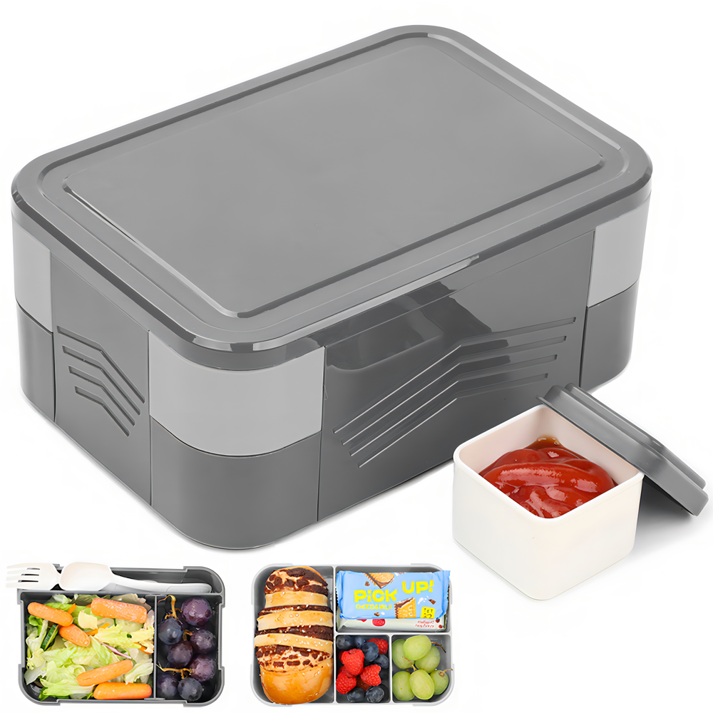 Bugucat Lunchbox 1550 ml, doppelt stapelbarer Bento-Box-Behälter, Essenszubereitungsbehälter mit Besteck, Lebensmittelbehälter mit 2 Ebenen und 6 Fächern für Mittagssnacks, Lunchbox für Erwachsene und Kinder, BPA-frei