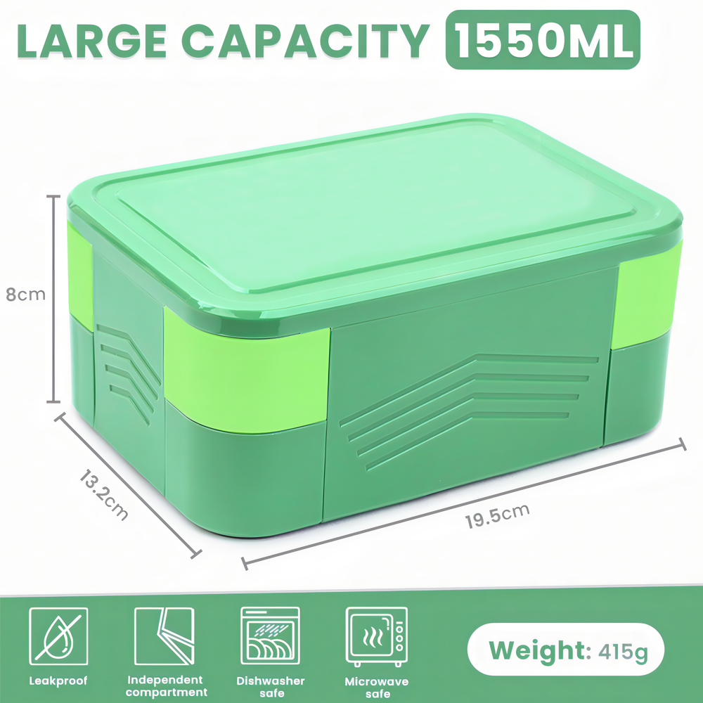 Bugucat Lunch Box 1550 ML, Double Stackable Bento Box Container Meal Prep Containe With Cutlery, 2 Tier and 6 Compartment Design Food Containers for Lunch Snacks,Lunch Box for Adults and kids BPA-Free