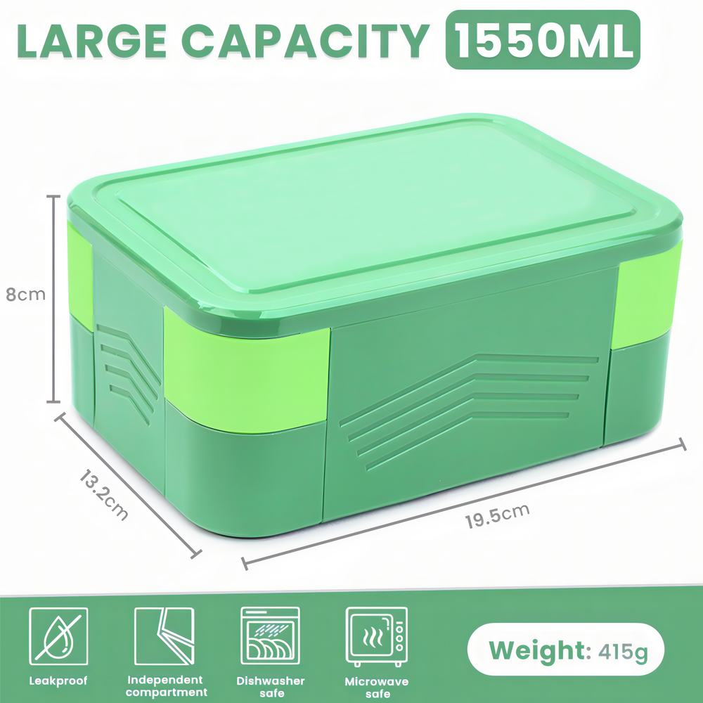 Bugucat Lunchbox 1550 ml, doppelt stapelbarer Bento-Box-Behälter, Essenszubereitungsbehälter mit Besteck, Lebensmittelbehälter mit 2 Ebenen und 6 Fächern für Mittagssnacks, Lunchbox für Erwachsene und Kinder, BPA-frei