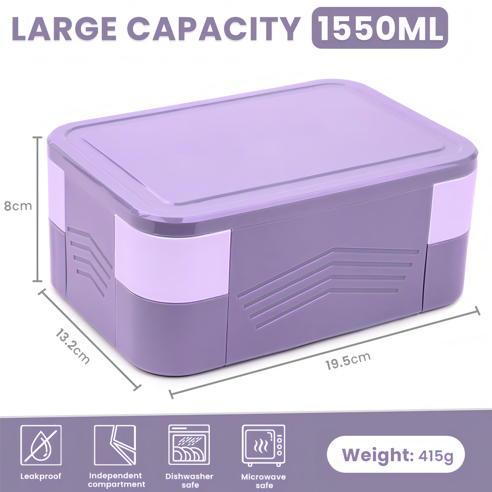 Bugucat Lunchbox 1550 ml, doppelt stapelbarer Bento-Box-Behälter, Essenszubereitungsbehälter mit Besteck, Lebensmittelbehälter mit 2 Ebenen und 6 Fächern für Mittagssnacks, Lunchbox für Erwachsene und Kinder, BPA-frei