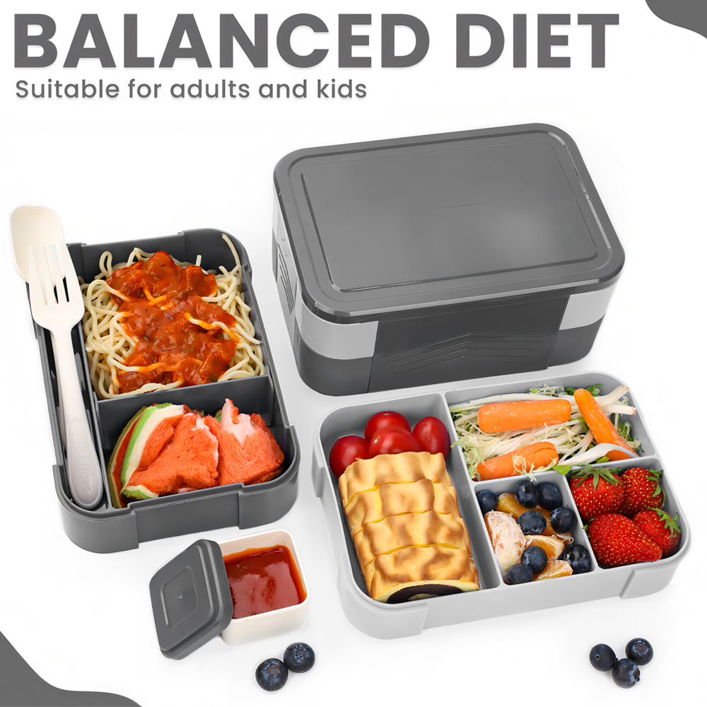 Bugucat Lunchbox 1550 ml, doppelt stapelbarer Bento-Box-Behälter, Essenszubereitungsbehälter mit Besteck, Lebensmittelbehälter mit 2 Ebenen und 6 Fächern für Mittagssnacks, Lunchbox für Erwachsene und Kinder, BPA-frei