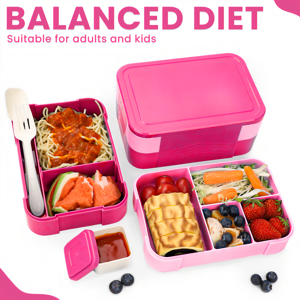 Bugucat Lunchbox 1550 ml, doppelt stapelbarer Bento-Box-Behälter, Essenszubereitungsbehälter mit Besteck, Lebensmittelbehälter mit 2 Ebenen und 6 Fächern für Mittagssnacks, Lunchbox für Erwachsene und Kinder, BPA-frei