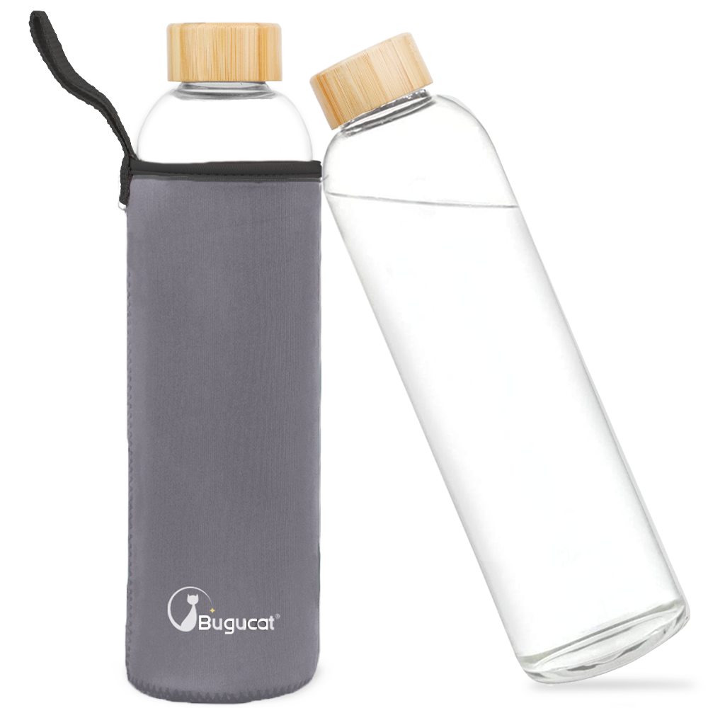 Bugucat Borosilicate Glass Water Bottles 1000ML, Reusable Bamboo Lid Drinking Bottle with Protective Sleeves,Juice Beverage Container BPA-Free Leak Proof for School Sport Yoga Gym Hot Cold Drinks