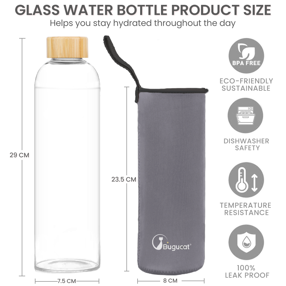 Bouteille en verre Bugucat 1000 ML, gourde en verre avec couvercle en bambou et housse de protection, bouteille d'eau étanche en verre borosilicaté, carafe pour smoothies, jus, eau et boissons, sans BPA