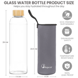 Bugucat Wasserflaschen aus Borosilikatglas, 1000 ml, wiederverwendbare Trinkflasche mit Bambusdeckel und Schutzhüllen, Saftgetränkebehälter, BPA-frei, auslaufsicher, für Schule, Sport, Yoga, Fitnessstudio, heiße kalte Getränke