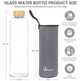 Bugucat Borosilicate Glass Water Bottles 1000ML, Reusable Bamboo Lid Drinking Bottle with Protective Sleeves,Juice Beverage Container BPA-Free Leak Proof for School Sport Yoga Gym Hot Cold Drinks