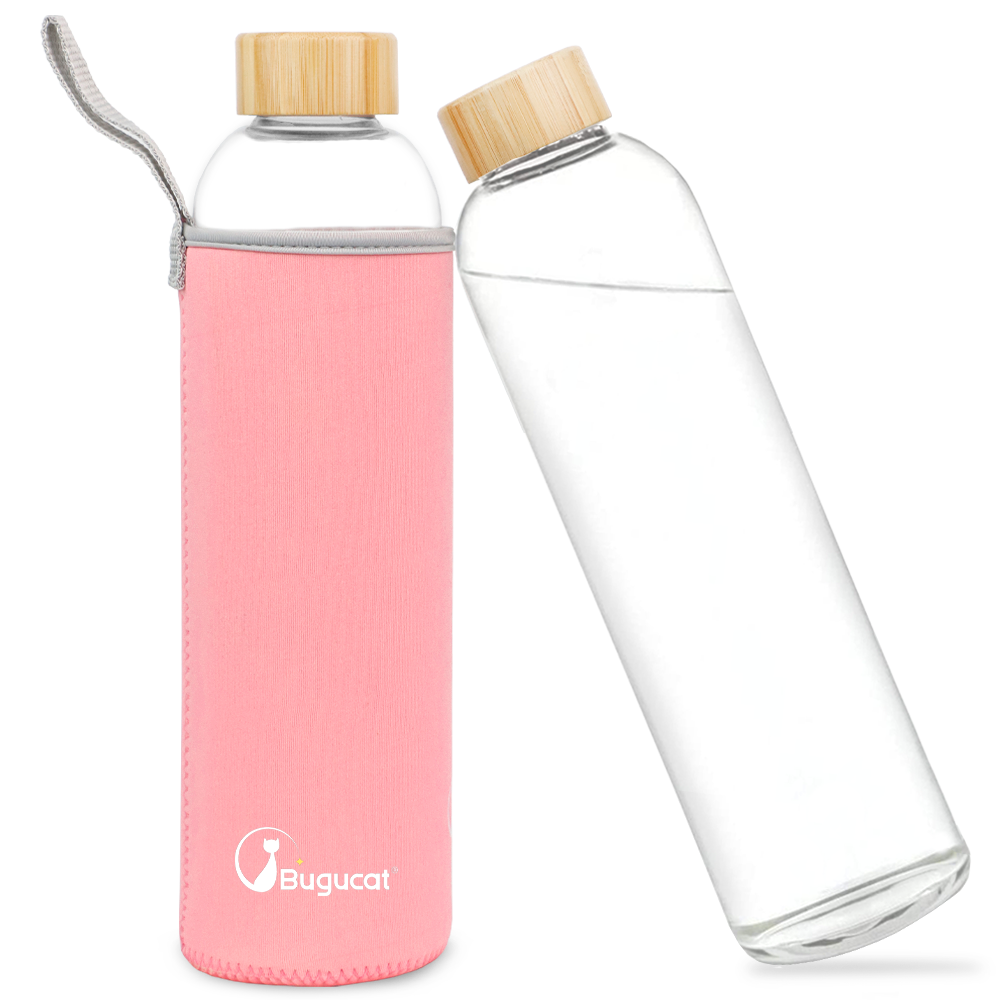 Bugucat Wasserflaschen aus Borosilikatglas, 1000 ml, wiederverwendbare Trinkflasche mit Bambusdeckel und Schutzhüllen, Saftgetränkebehälter, BPA-frei, auslaufsicher, für Schule, Sport, Yoga, Fitnessstudio, heiße kalte Getränke