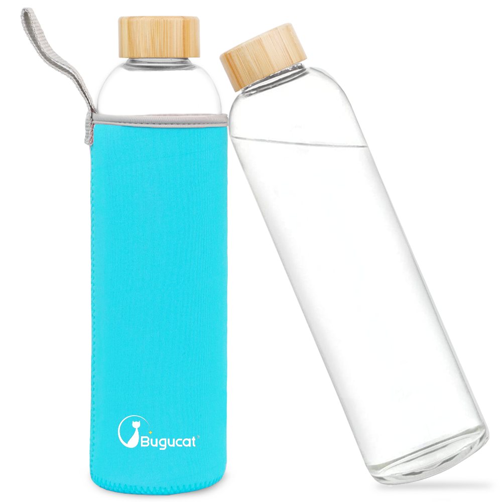 Bugucat Wasserflaschen aus Borosilikatglas, 1000 ml, wiederverwendbare Trinkflasche mit Bambusdeckel und Schutzhüllen, Saftgetränkebehälter, BPA-frei, auslaufsicher, für Schule, Sport, Yoga, Fitnessstudio, heiße kalte Getränke