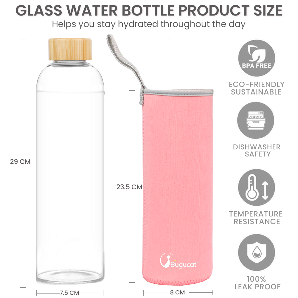 Bugucat Wasserflaschen aus Borosilikatglas, 1000 ml, wiederverwendbare Trinkflasche mit Bambusdeckel und Schutzhüllen, Saftgetränkebehälter, BPA-frei, auslaufsicher, für Schule, Sport, Yoga, Fitnessstudio, heiße kalte Getränke