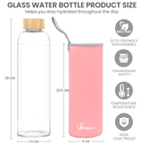 Bugucat Wasserflaschen aus Borosilikatglas, 1000 ml, wiederverwendbare Trinkflasche mit Bambusdeckel und Schutzhüllen, Saftgetränkebehälter, BPA-frei, auslaufsicher, für Schule, Sport, Yoga, Fitnessstudio, heiße kalte Getränke